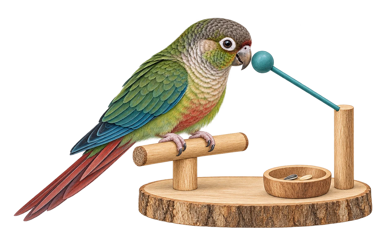 Green-cheek conure practicing calm target training