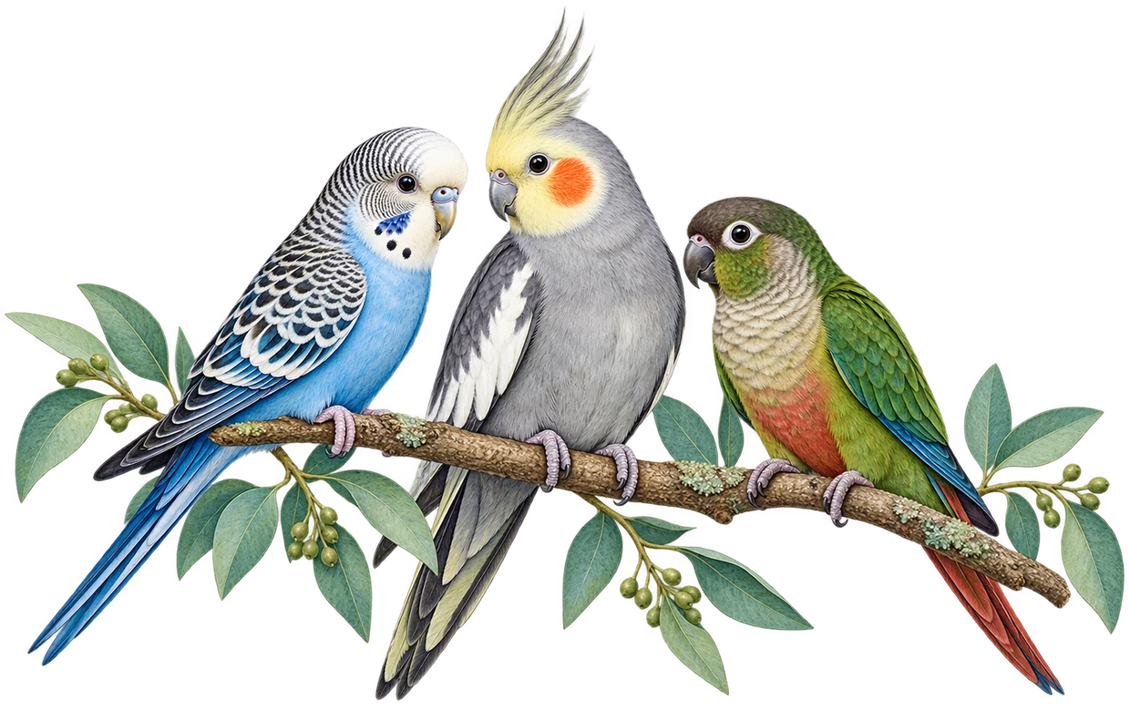 Budgerigar, cockatiel, and green-cheek conure on a natural branch