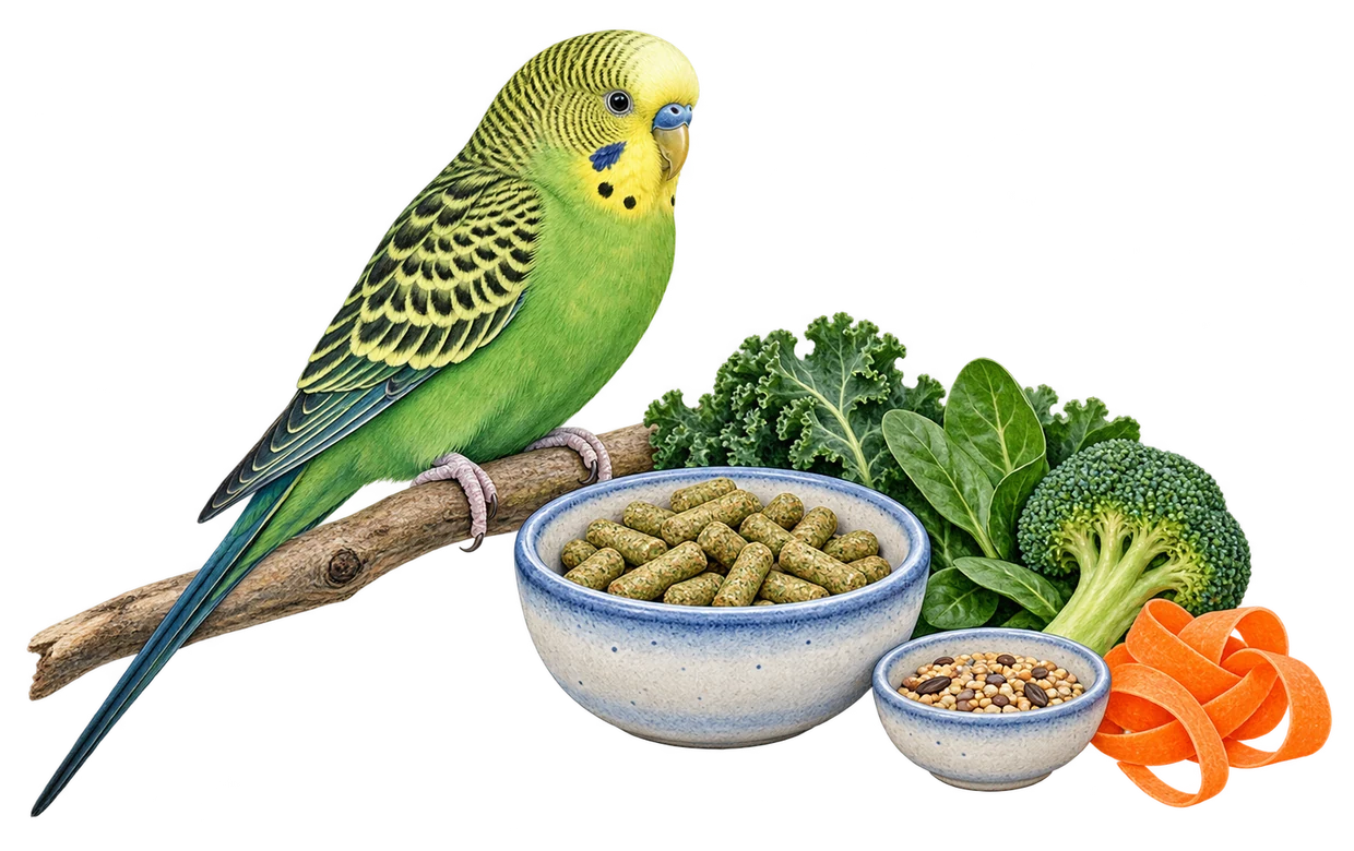 Budgerigar with pellets, leafy greens, vegetables, and a small seed portion