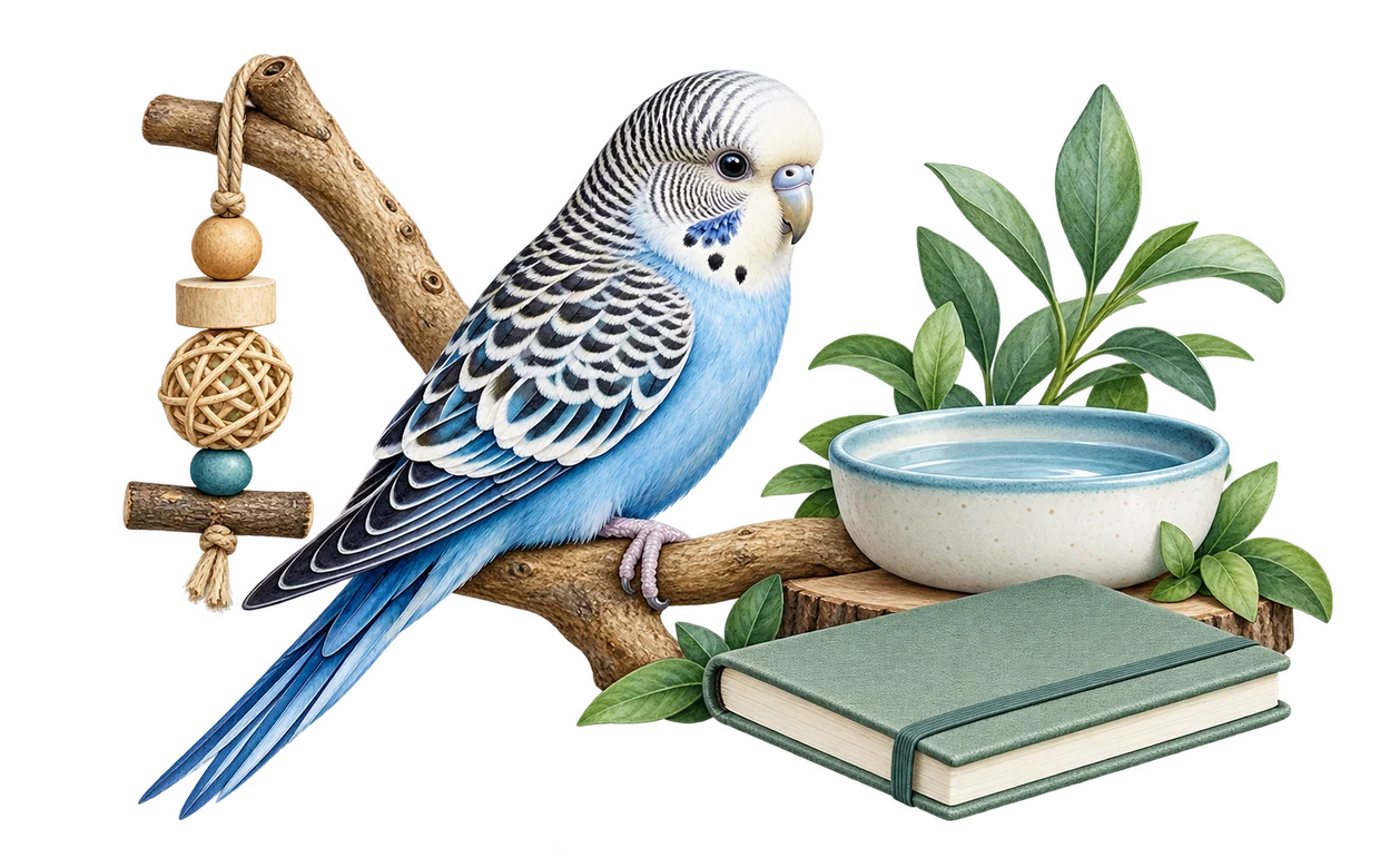 Blue budgerigar with beginner bird-care essentials