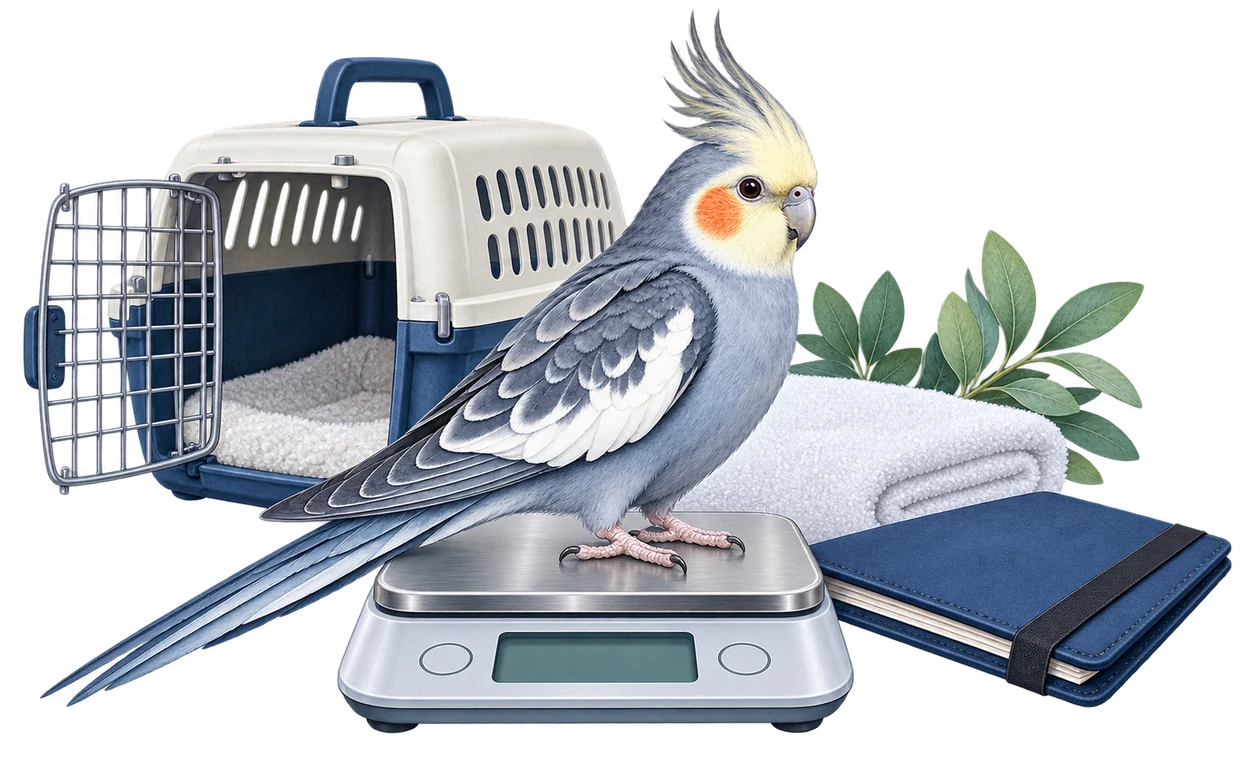 Cockatiel on a gram scale with a prepared travel carrier