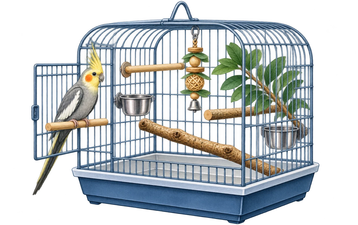 Cockatiel beside a thoughtfully arranged companion-bird habitat