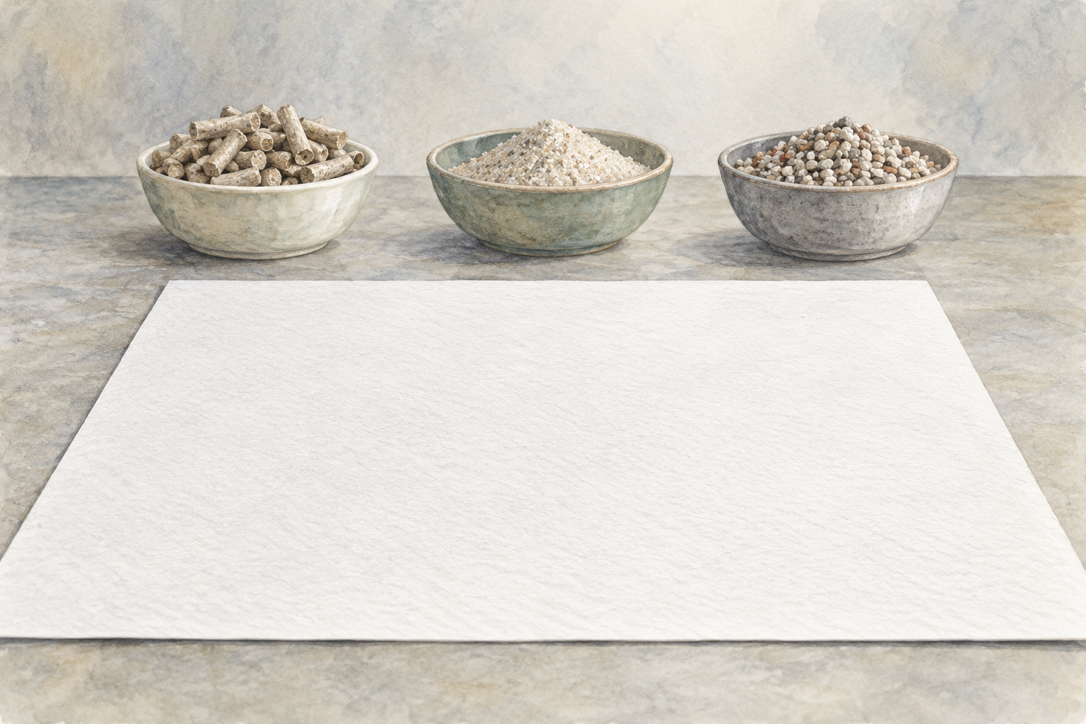 Watercolor paper lies in front of several isolated loose-material samples used only for comparison.