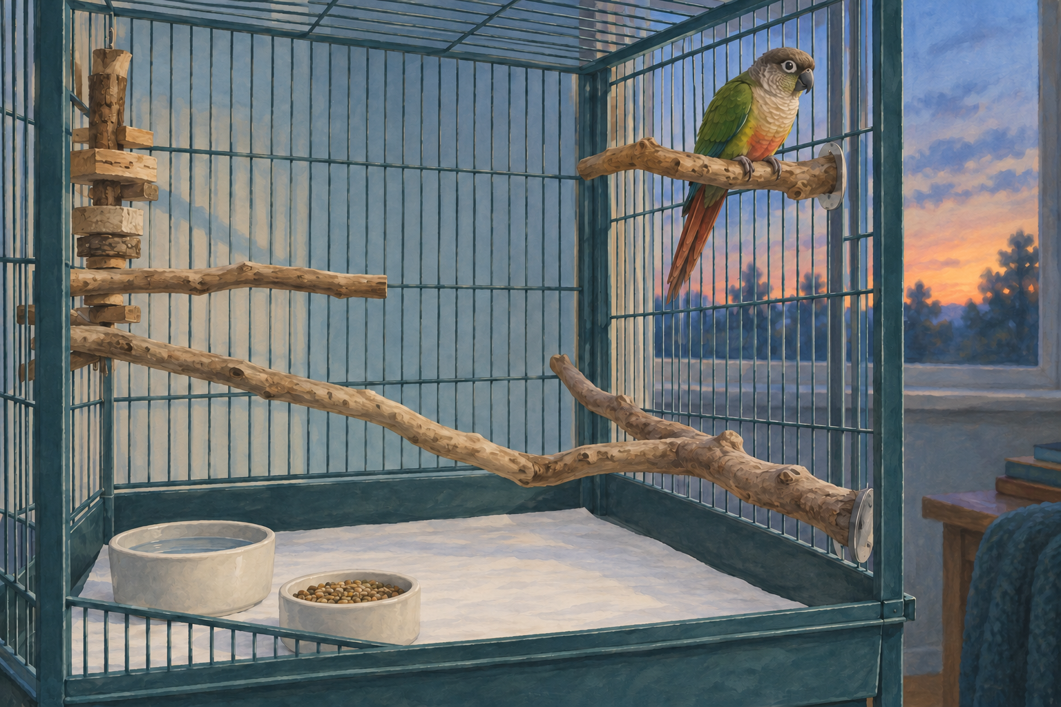 A gouache habitat balances open movement routes with a protected quiet upper perch.