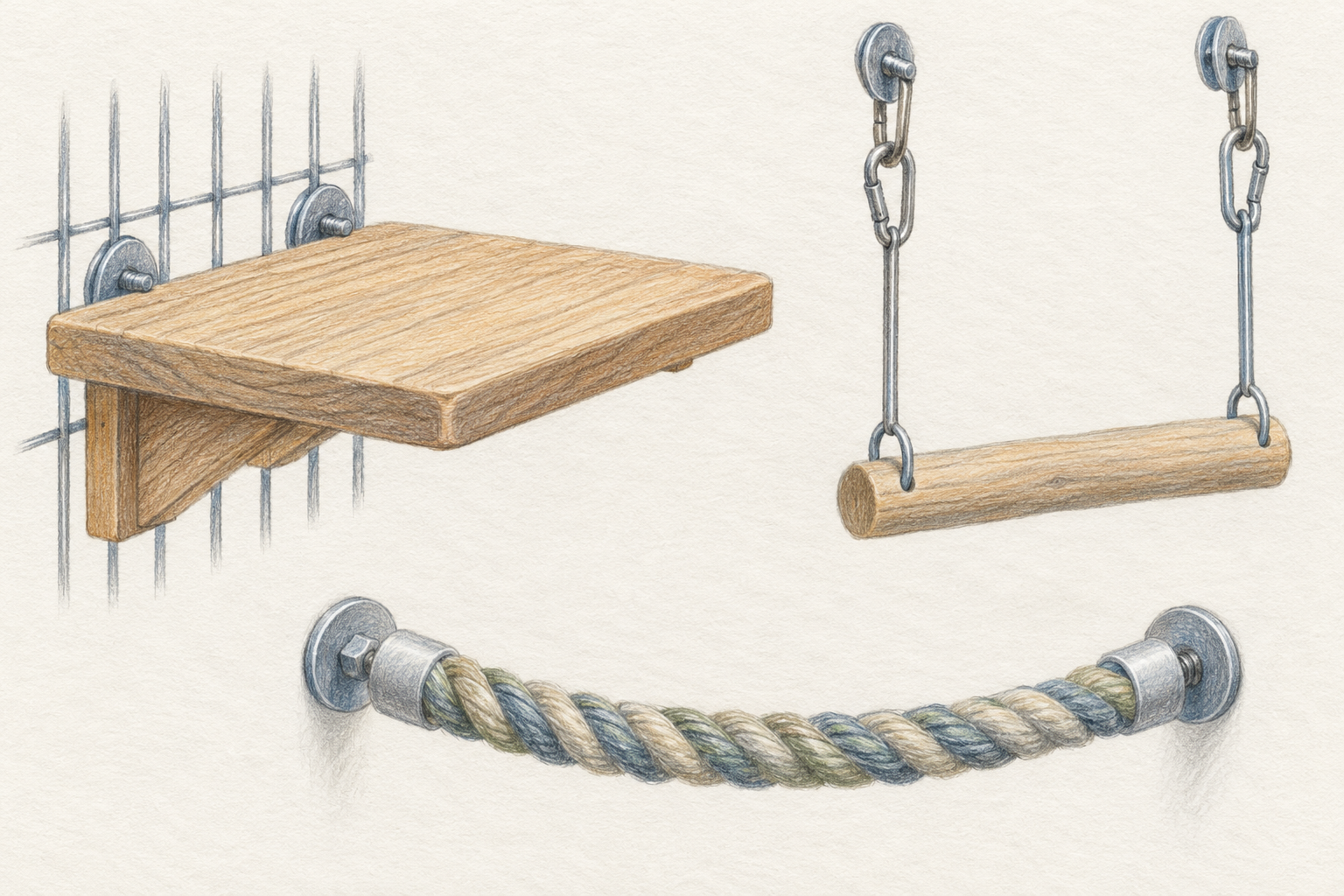 Colored-pencil studies show a platform, swing, and rope perch with secure attachment points.