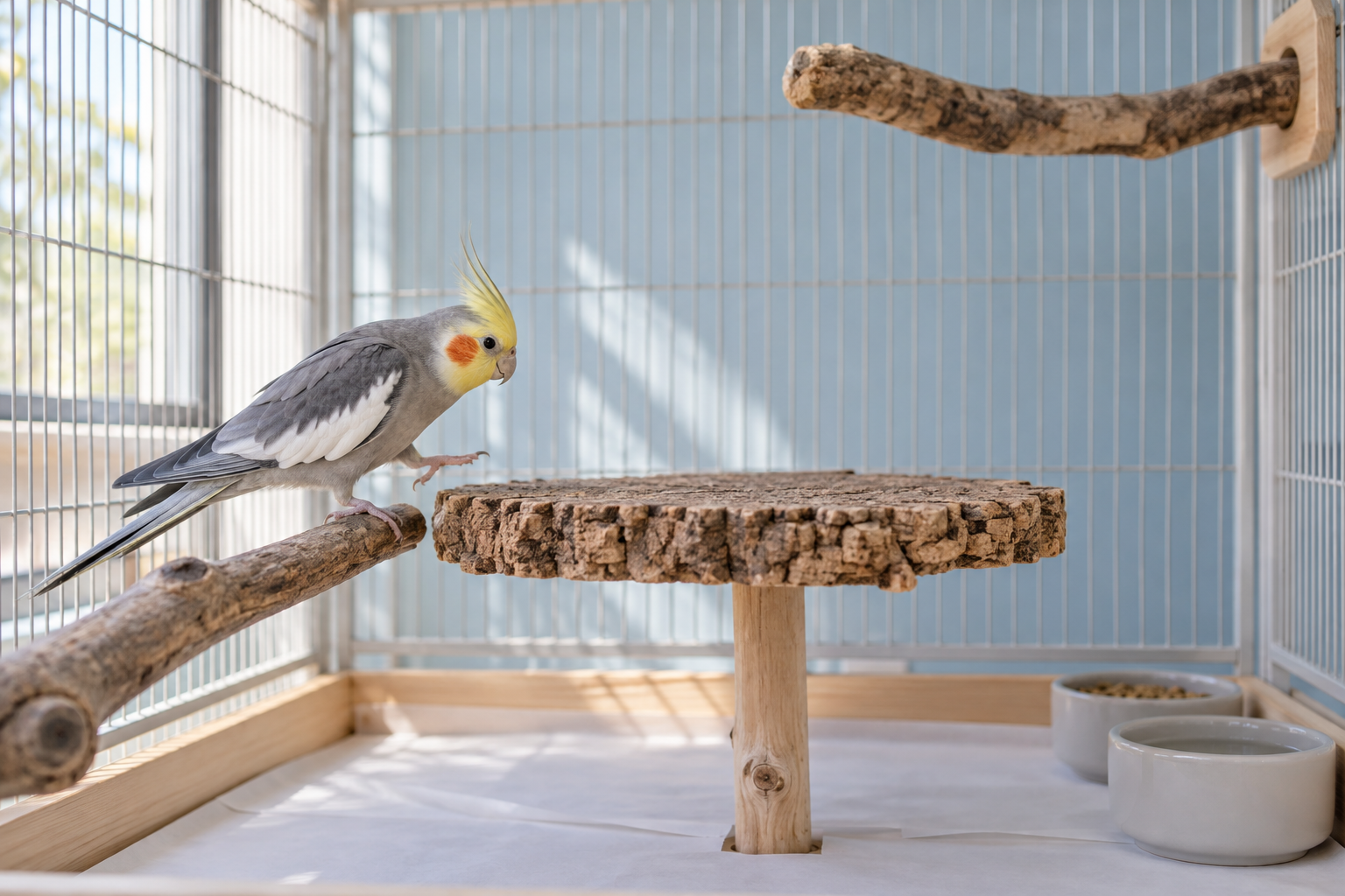 A cockatiel uses a route among a natural branch, broad platform, and separate higher perch.