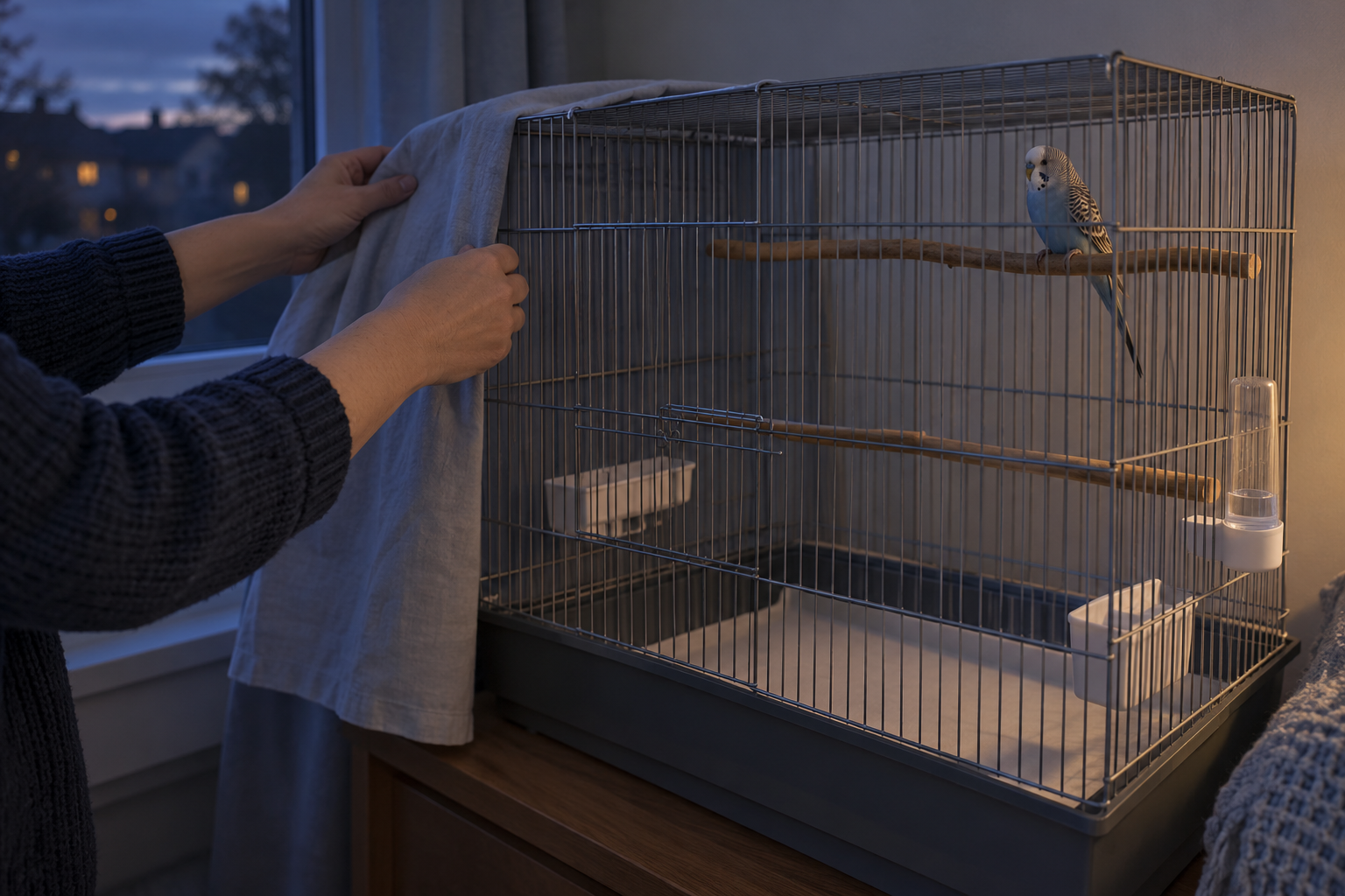 A budgie settles at dusk while a breathable partial cover is placed over part of the enclosure.