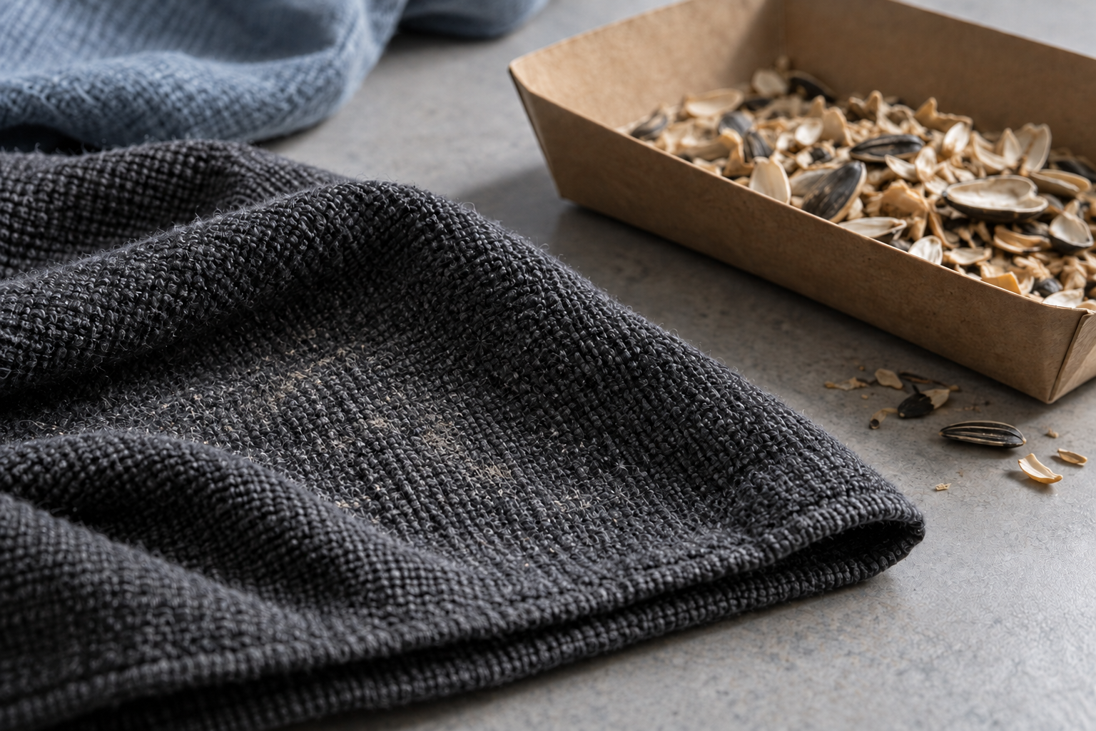 Fine pale dust on a dark cloth sits beside a separate tray of dry seed hulls.