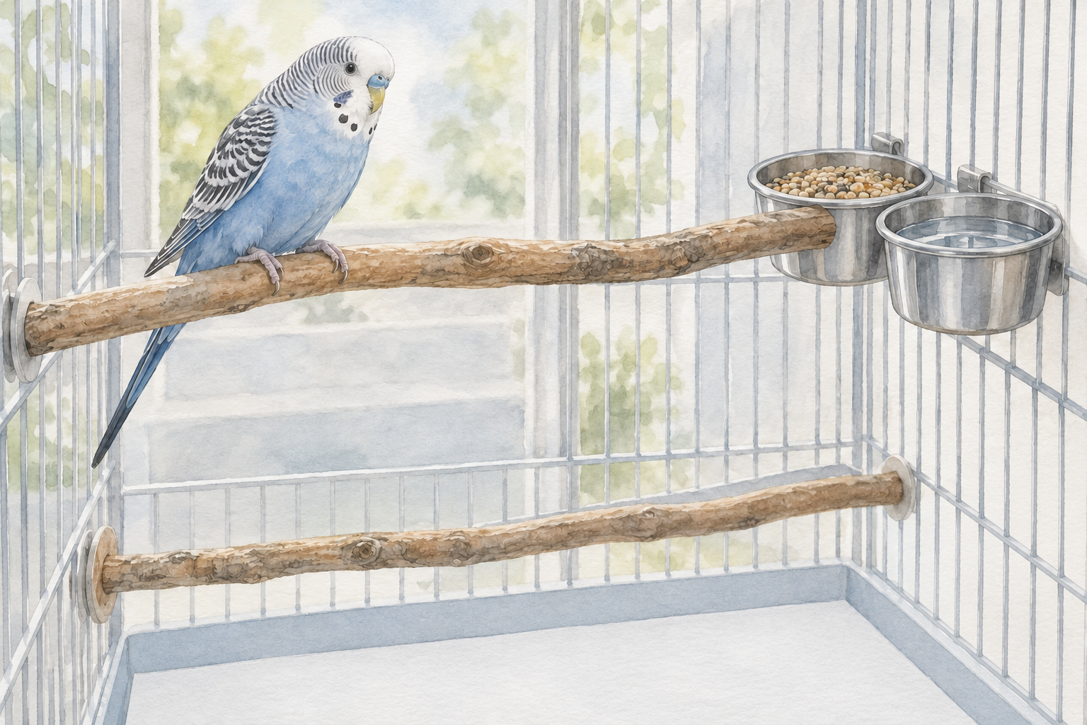 A watercolor budgie chooses a high perch near familiar food and water in an uncluttered enclosure.