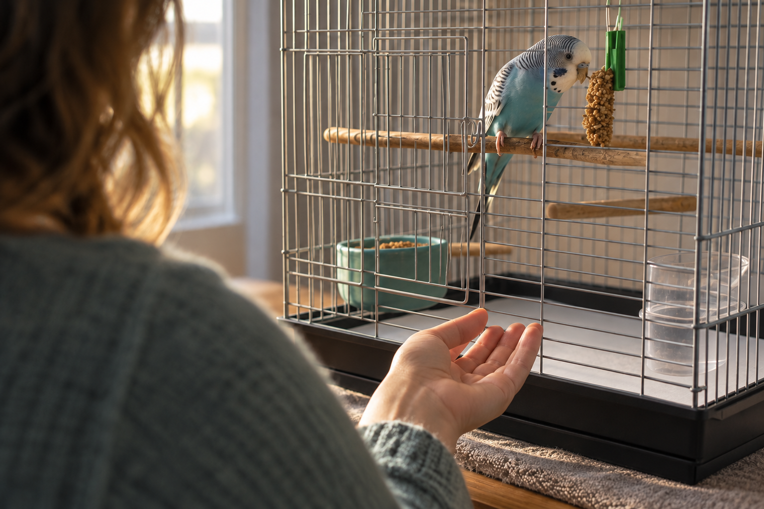 An adult keeps a relaxed hand outside the cage while a budgie chooses whether to approach.