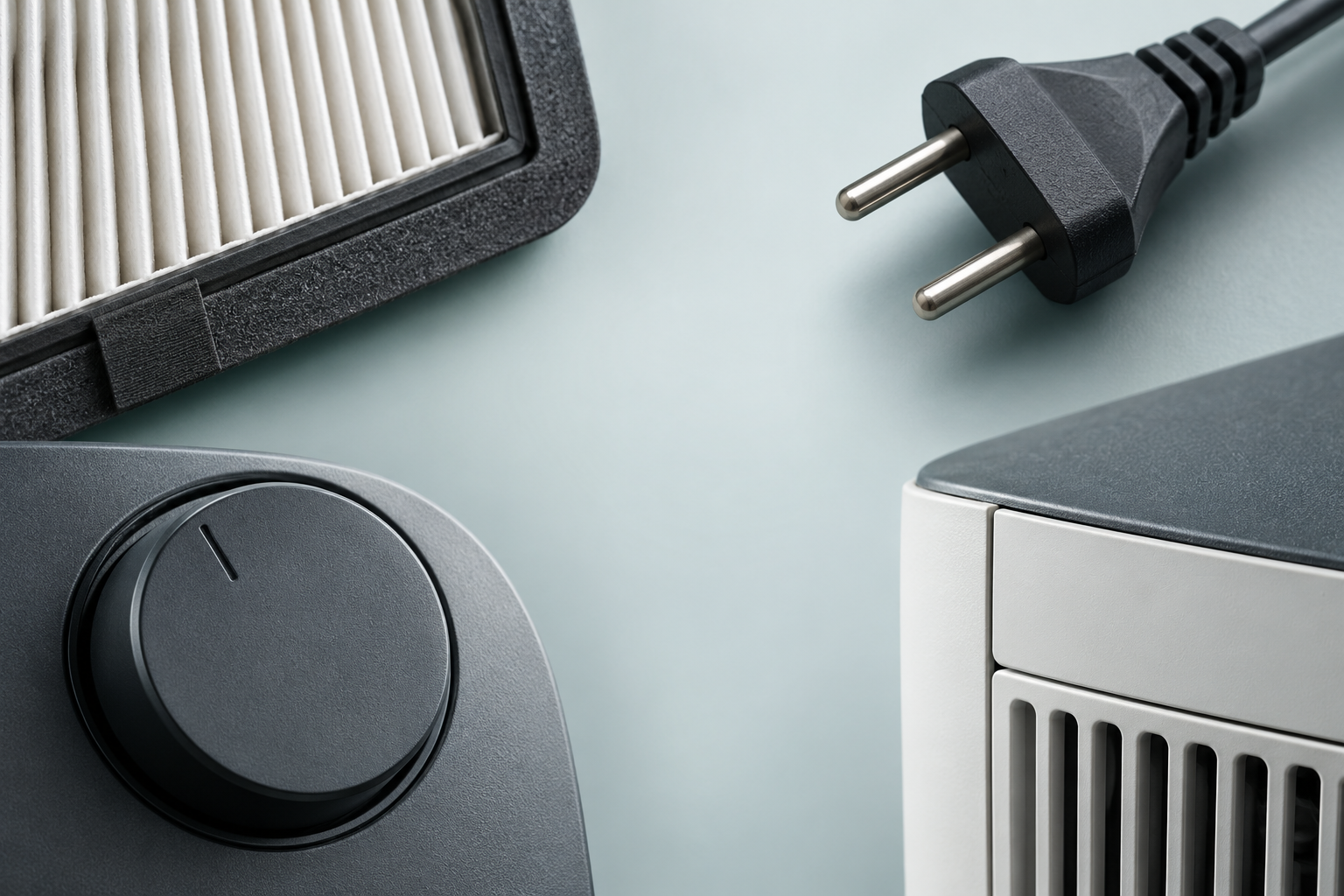 Close details show a generic filter edge, plug, control dial, and removable panel seam.