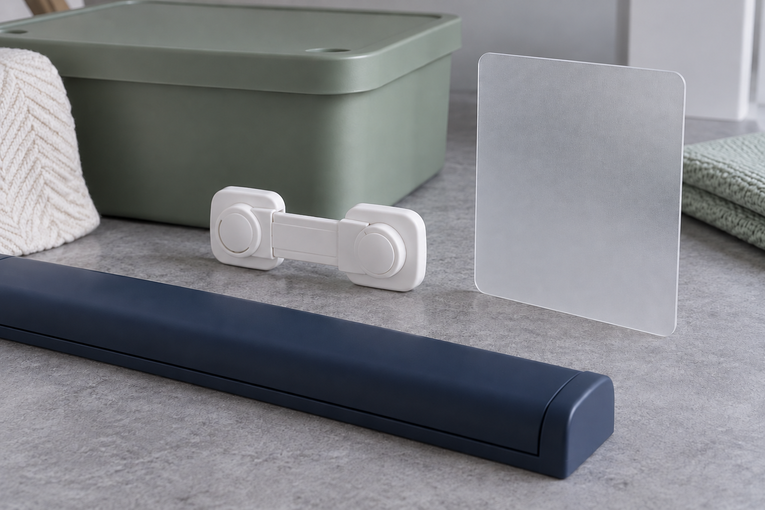 Generic cable, cabinet, window, and storage protections form several household safety layers.