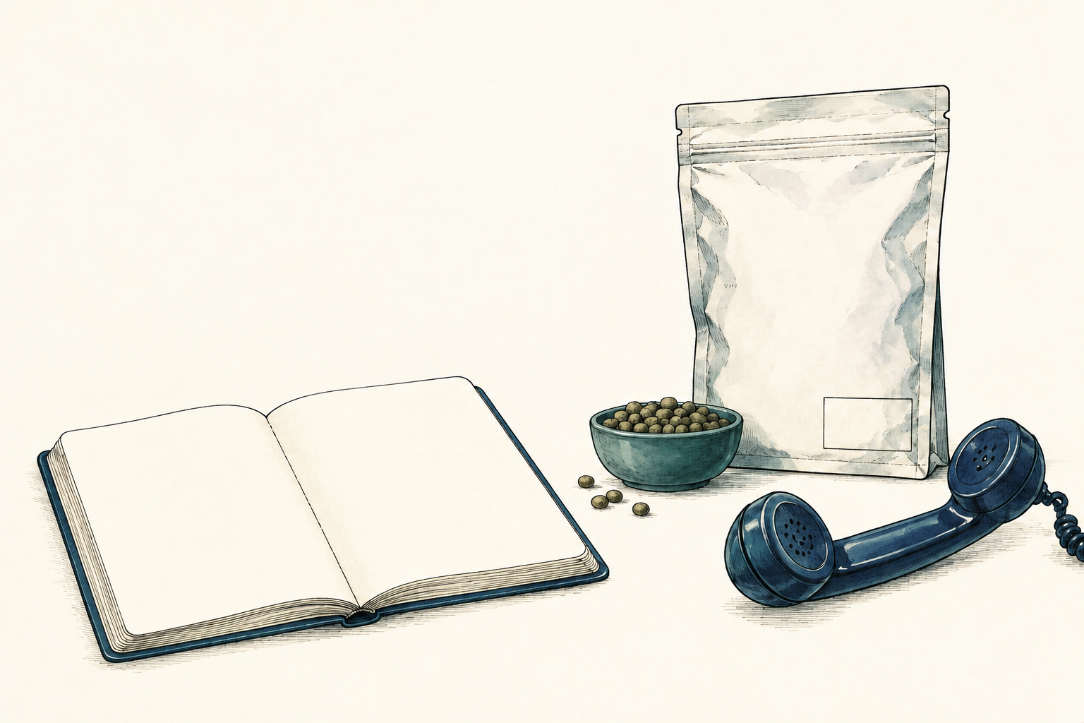 Line art places a blank notebook, generic pouch, and telephone around an open space for unanswered questions.