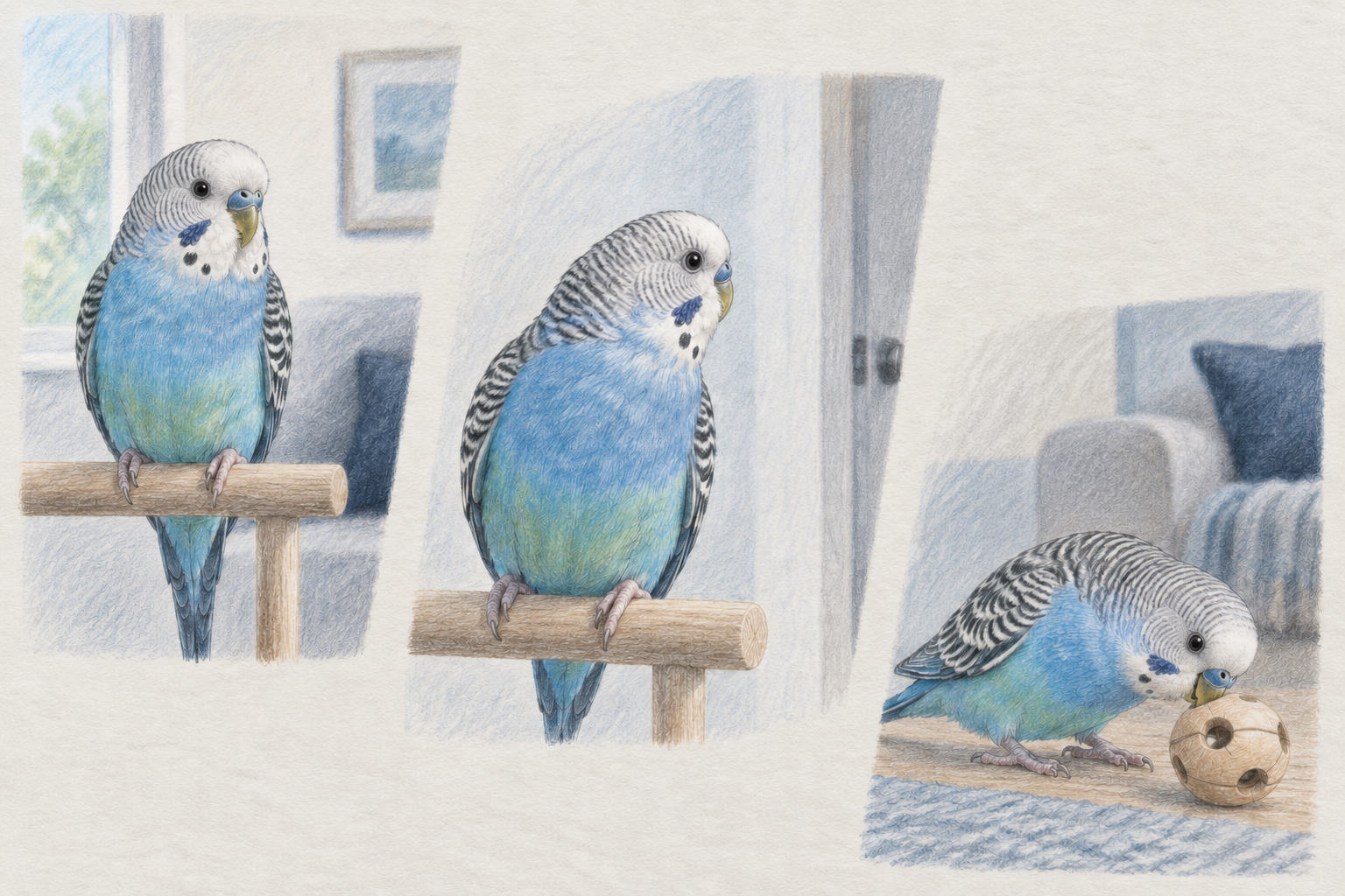 Colored-pencil moments show the same bird resting, orienting, and resuming activity.