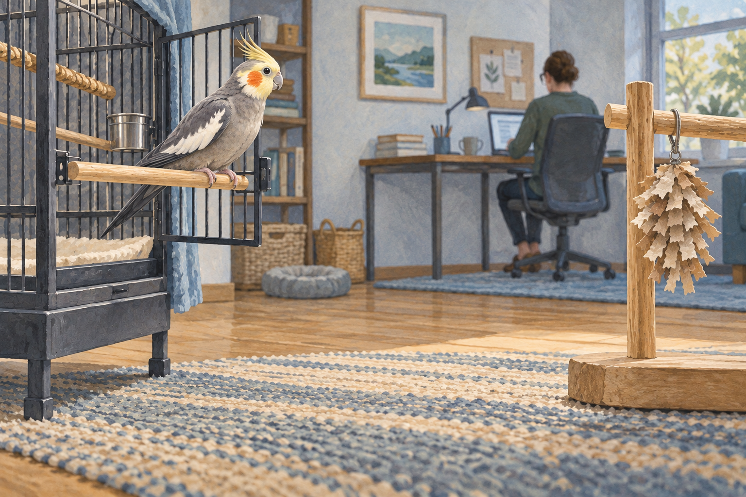 A gouache cockatiel chooses between two activity stations while an adult works nearby.