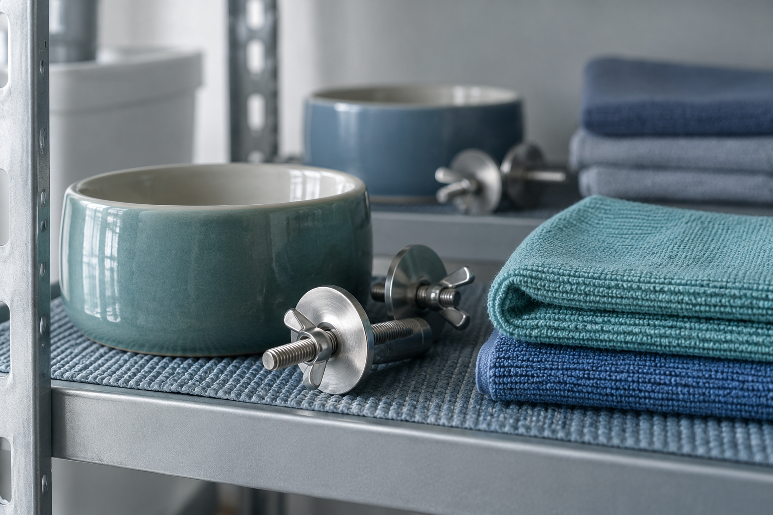 Two separate sets of clean bird-care bowls and fittings rest on an organized shelf.