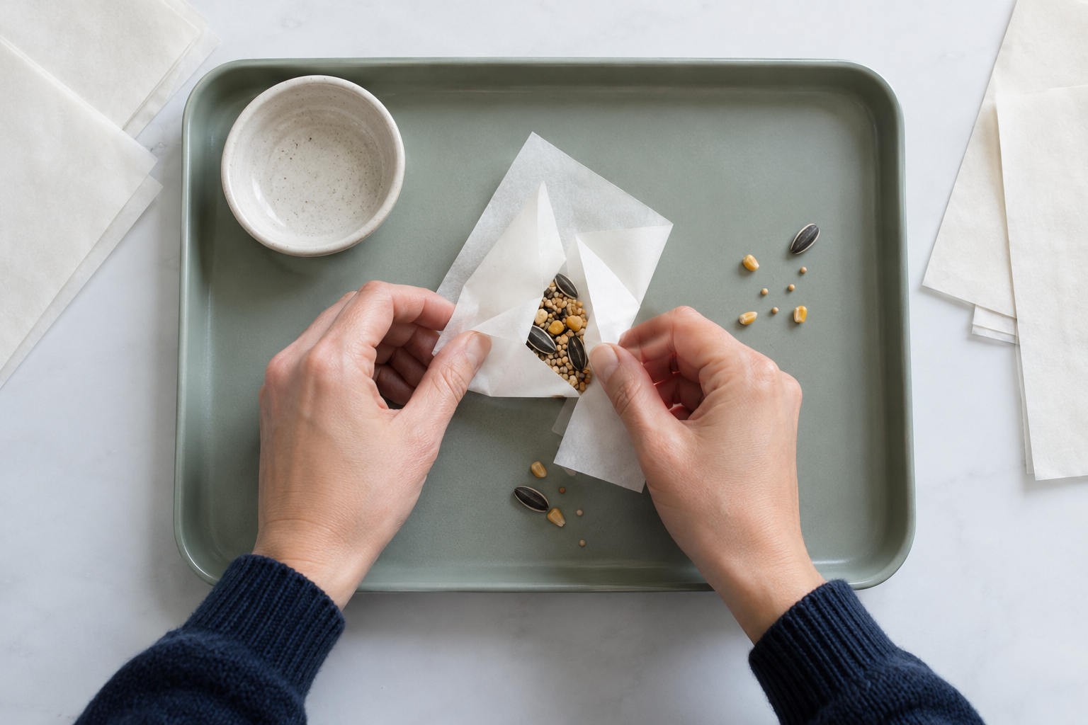 Hands make an easy paper search parcel from plain paper and a few food rewards.