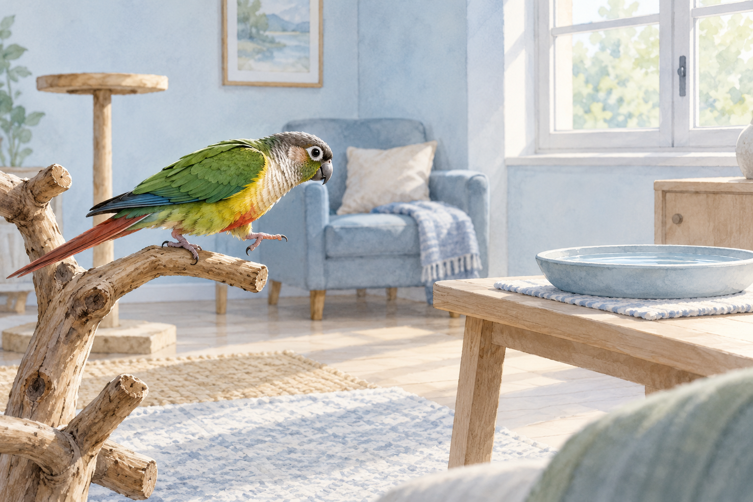 A watercolor parrot moves from a climbing branch toward a shallow stable bath.