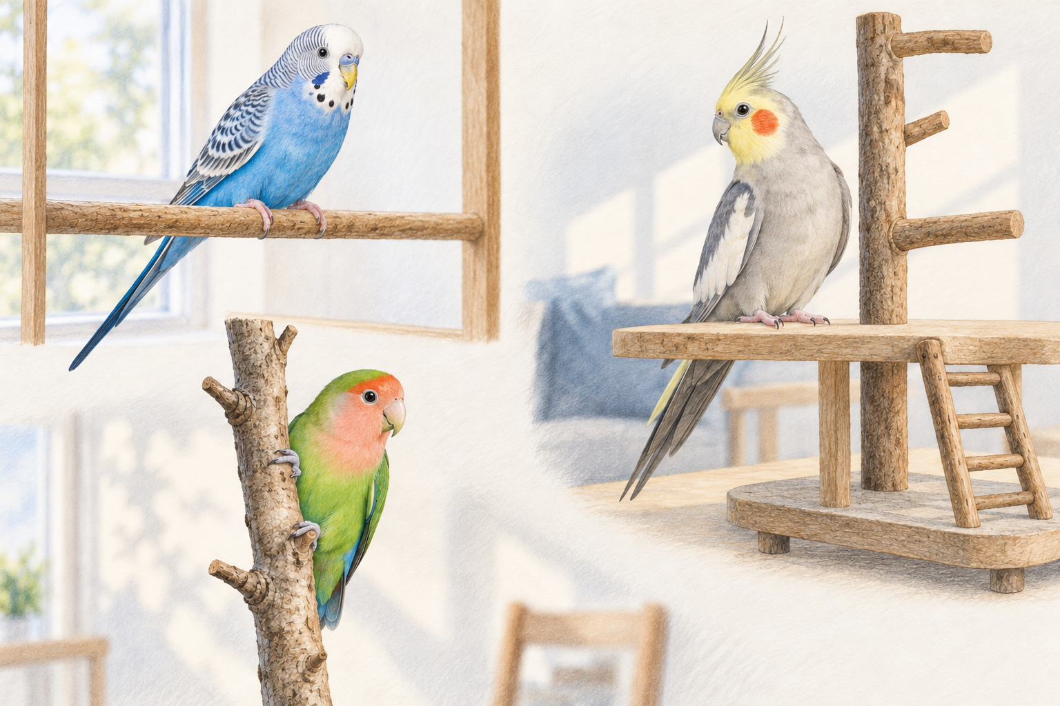 Colored-pencil vignettes show a budgie, cockatiel, and lovebird in separate home contexts.