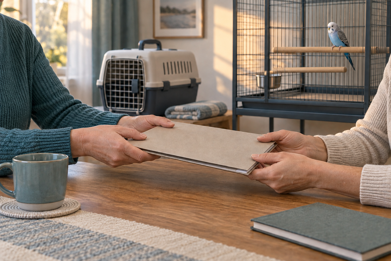 Two adults pass a closed care folder across a table while bird-care equipment remains ready nearby.