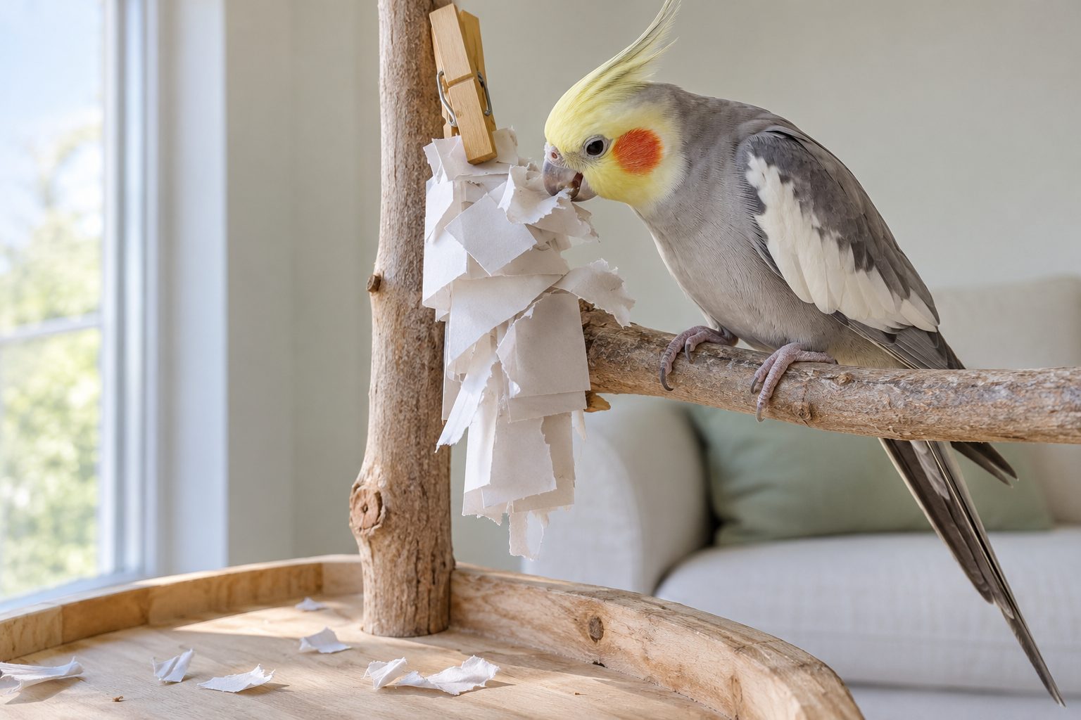 A cockatiel shreds a plain paper toy on a stable play stand in a safe room.