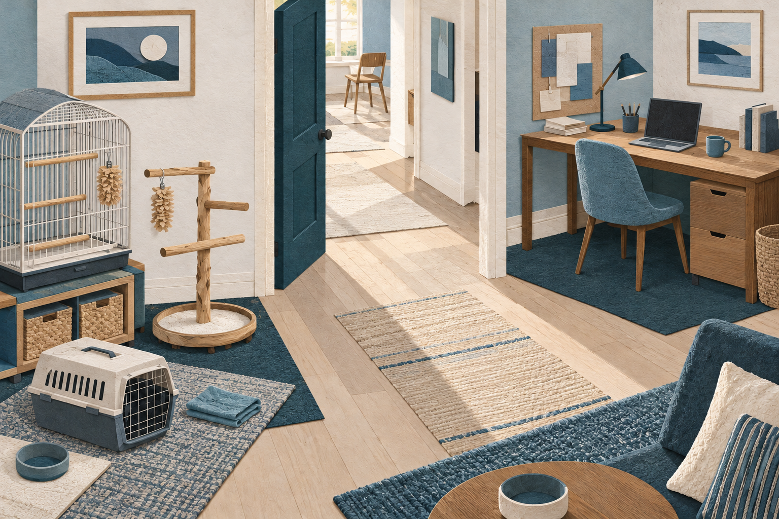 A layered paper collage balances an ordinary work area, bird-care space, and an open doorway.