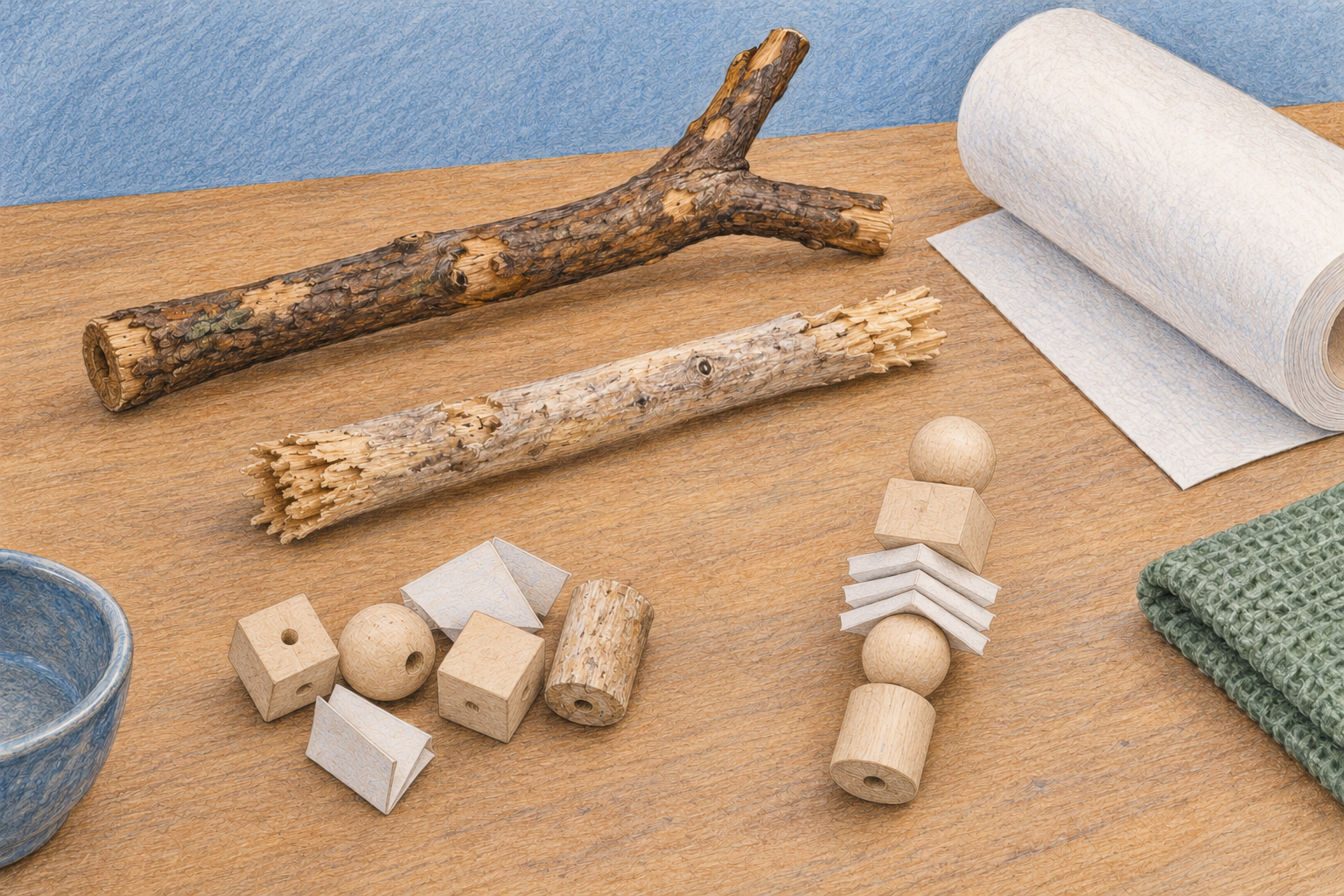 Colored-pencil bird-care items show intact supplies beside clean worn items ready for replacement.