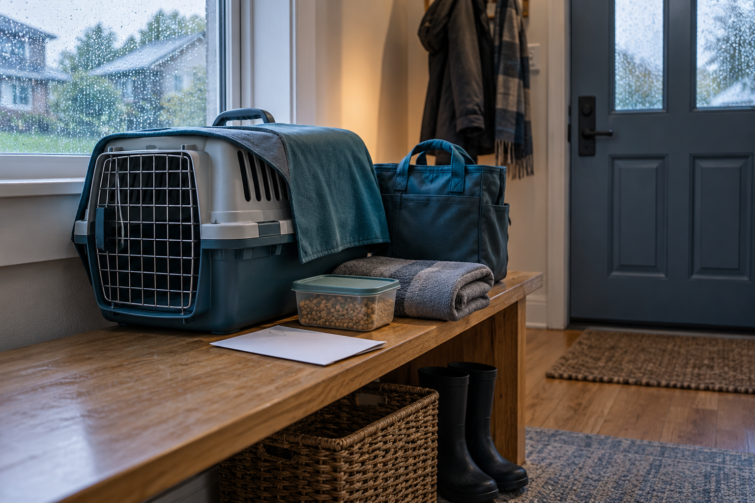 A covered travel carrier and compact emergency tote wait inside a home entryway on a rainy day.