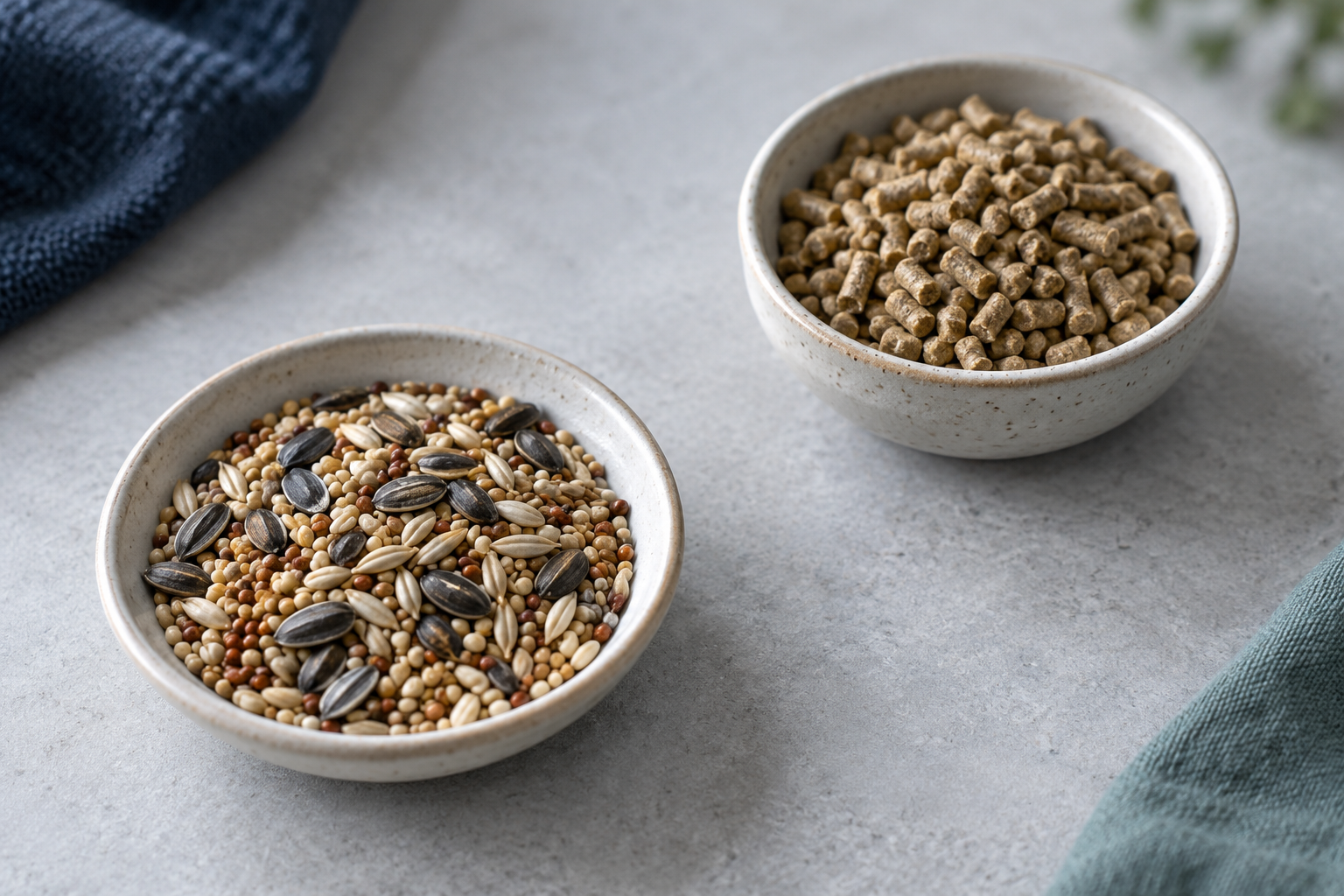 Separate shallow dishes show the textures of a seed mix and generic pellets.