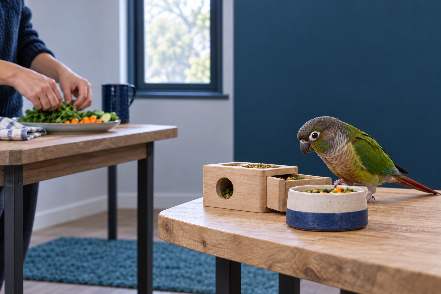 A bird uses a foraging station while varied foods are prepared at a separate table.