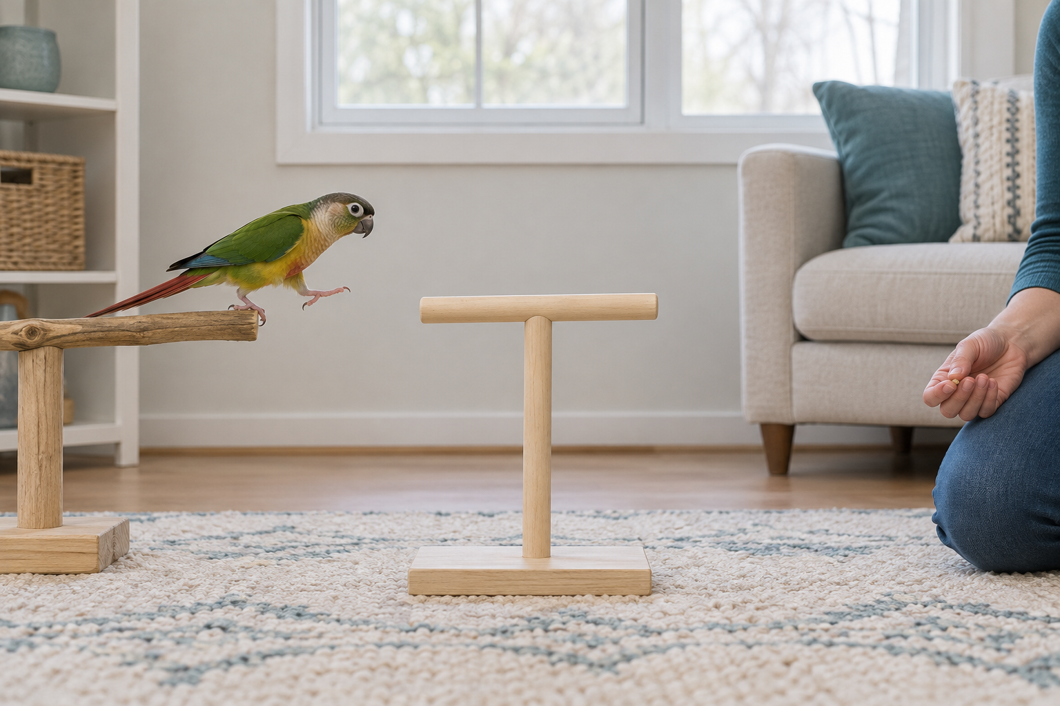 A bird voluntarily approaches a station perch while the trainer waits at a distance.