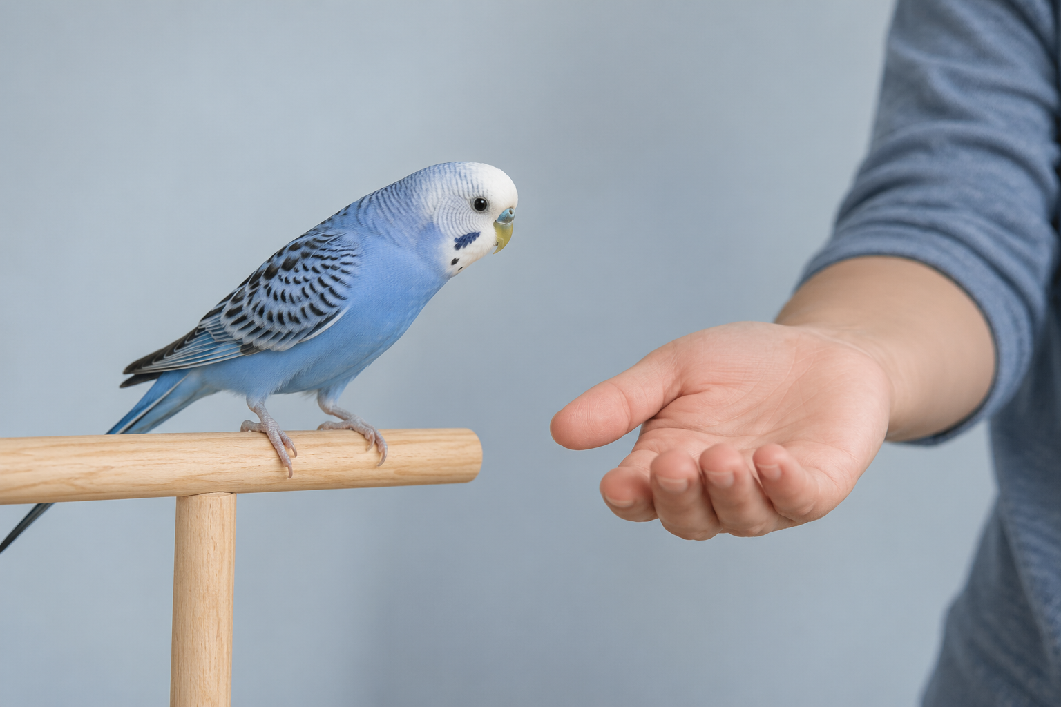 A bird leans toward a stationary forearm while keeping both feet on its perch.