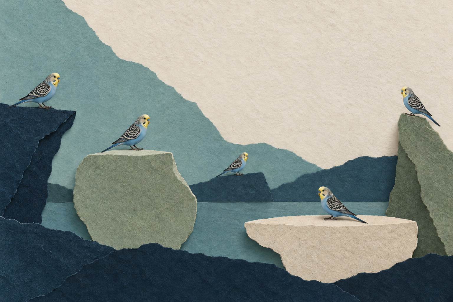 Layered-paper scenes use changing distance to suggest five different training outcomes.