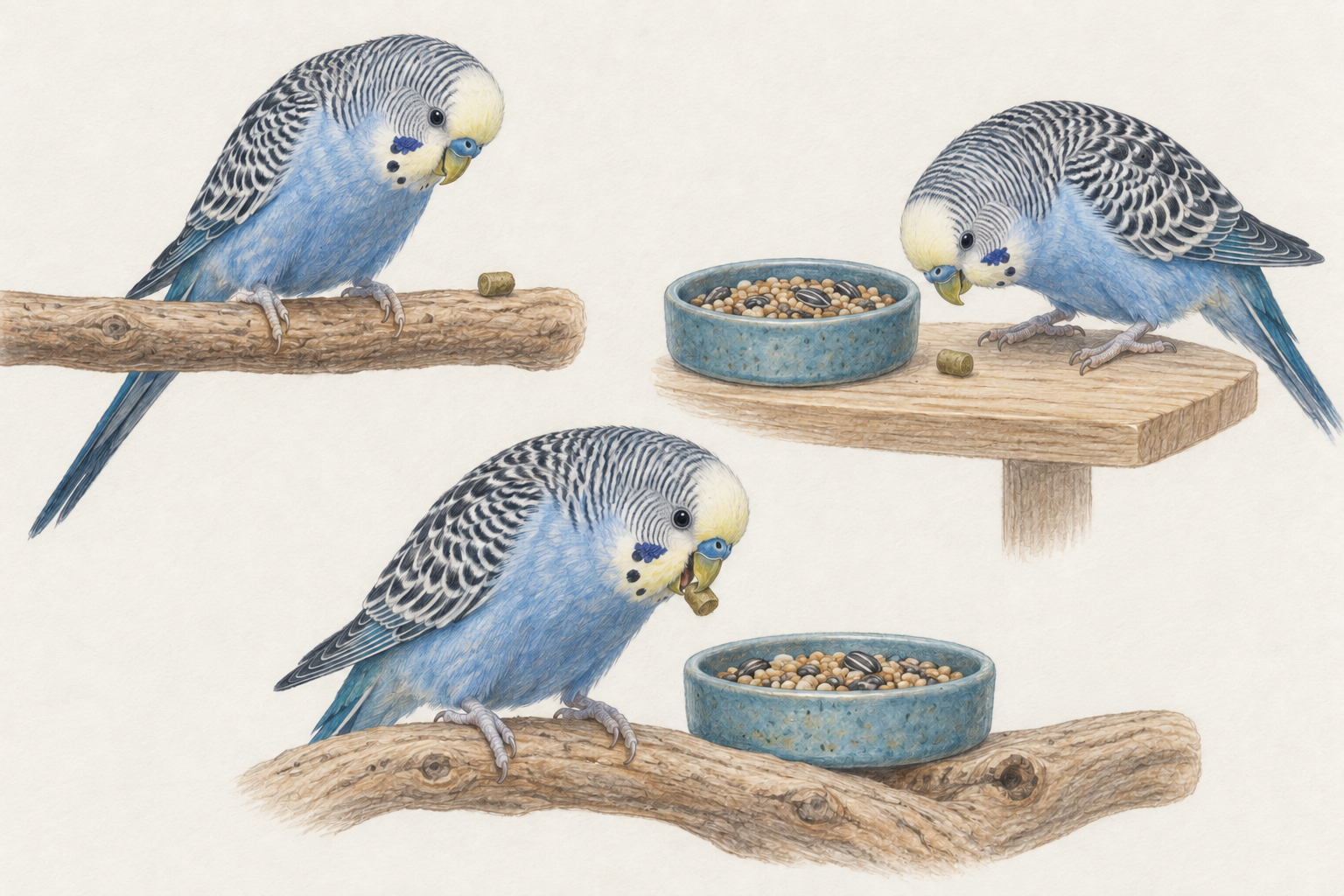 Colored-pencil moments show a bird gradually investigating a pellet beside familiar food.