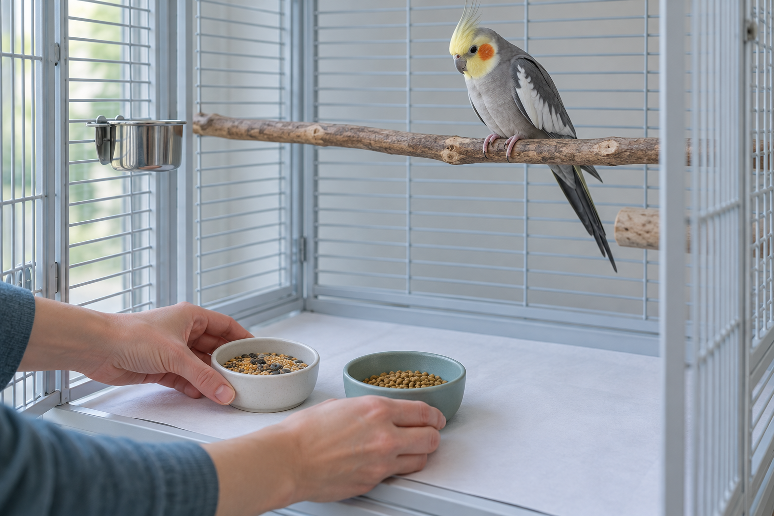 Hands place familiar food and a small new-food sample in separate bowls while the bird stays distant.