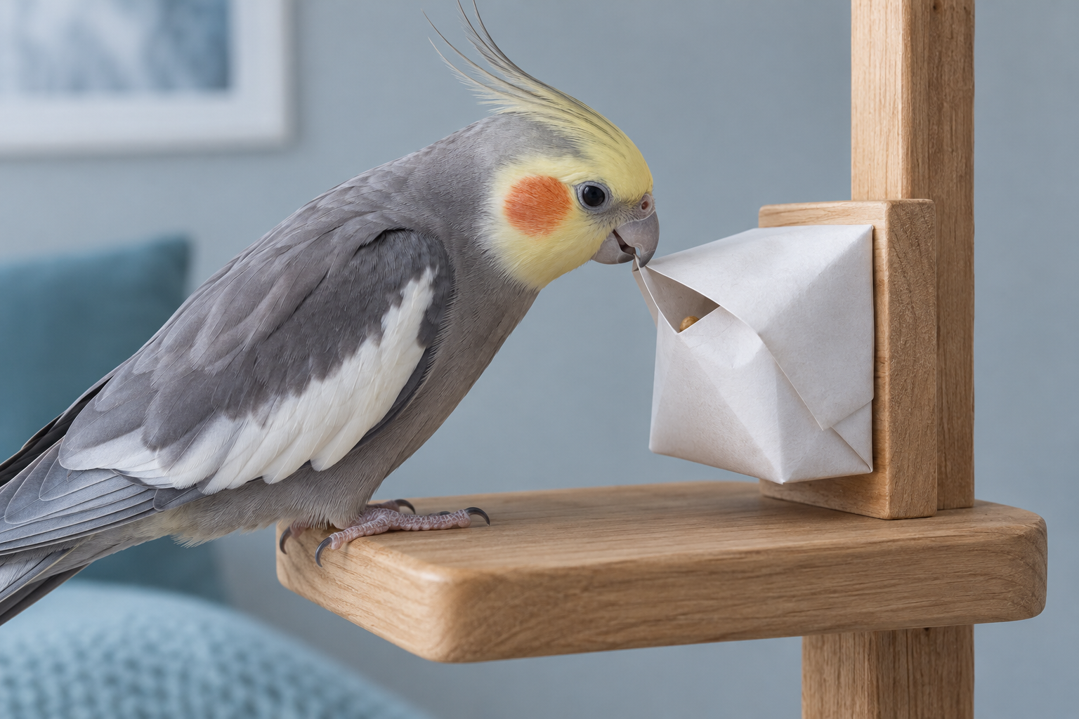 A cockatiel manipulates a simple paper foraging parcel attached securely to a stand.