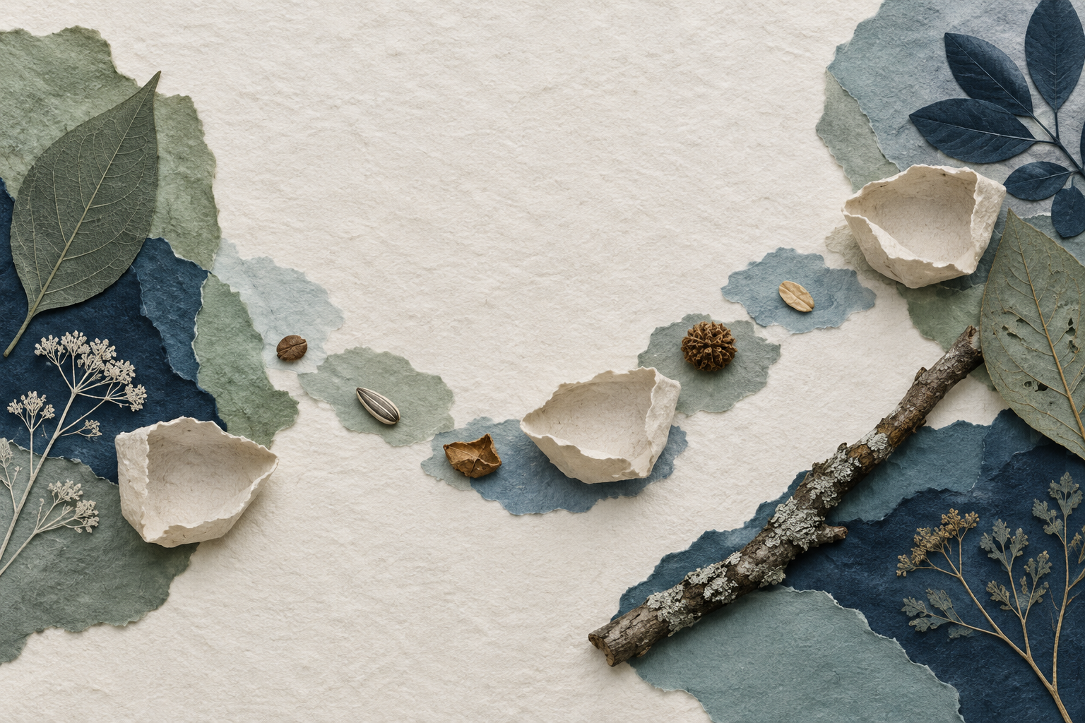 Leaf, paper-pocket, branch, and food textures form an open path suggesting varied foraging.