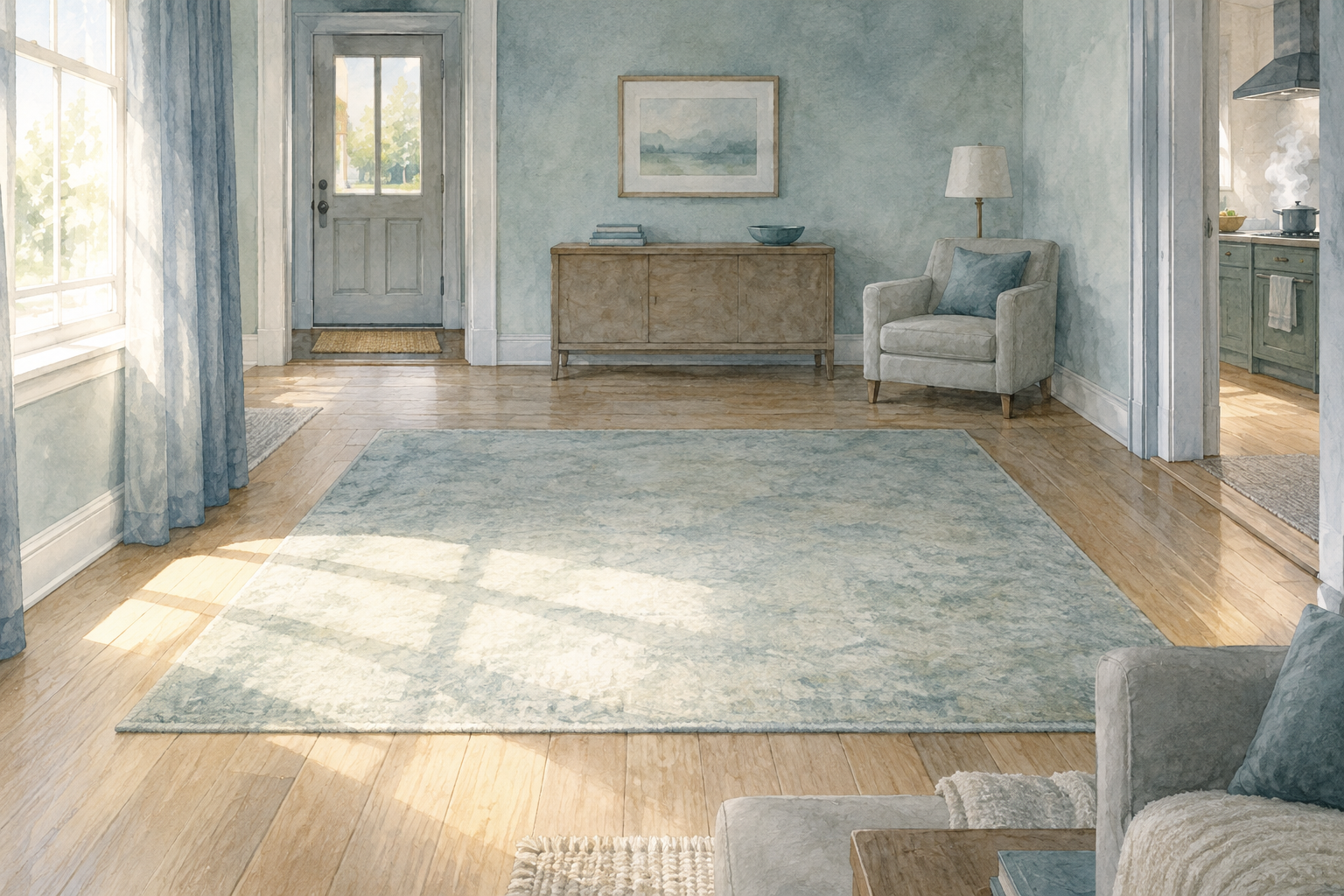 A watercolor room keeps a calm central area separate from glare, an exterior doorway, and kitchen activity.