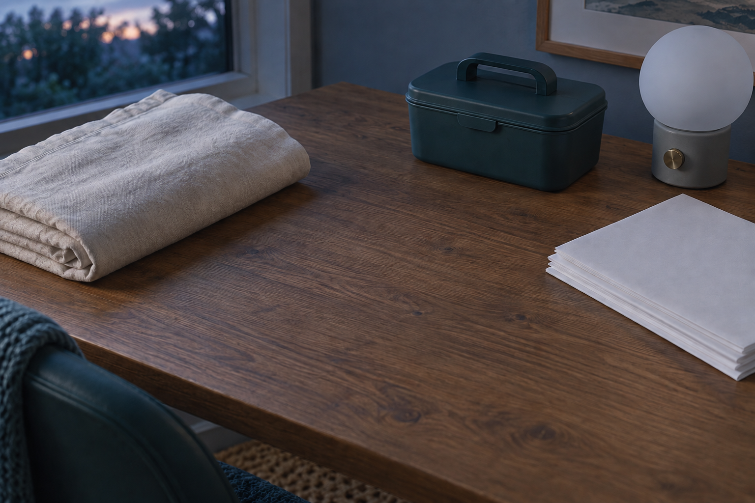 A folded breathable cover, plain liners, closed cleaning caddy, and lamp form a calm care setup.