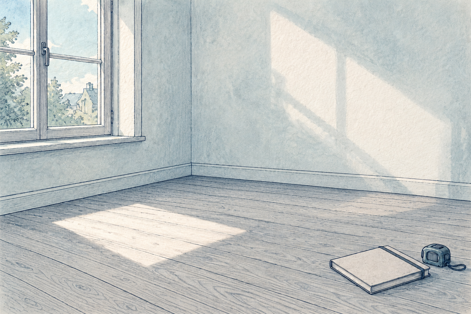 Line art leaves a measured bird area empty beside a folded tape measure and closed notebook.