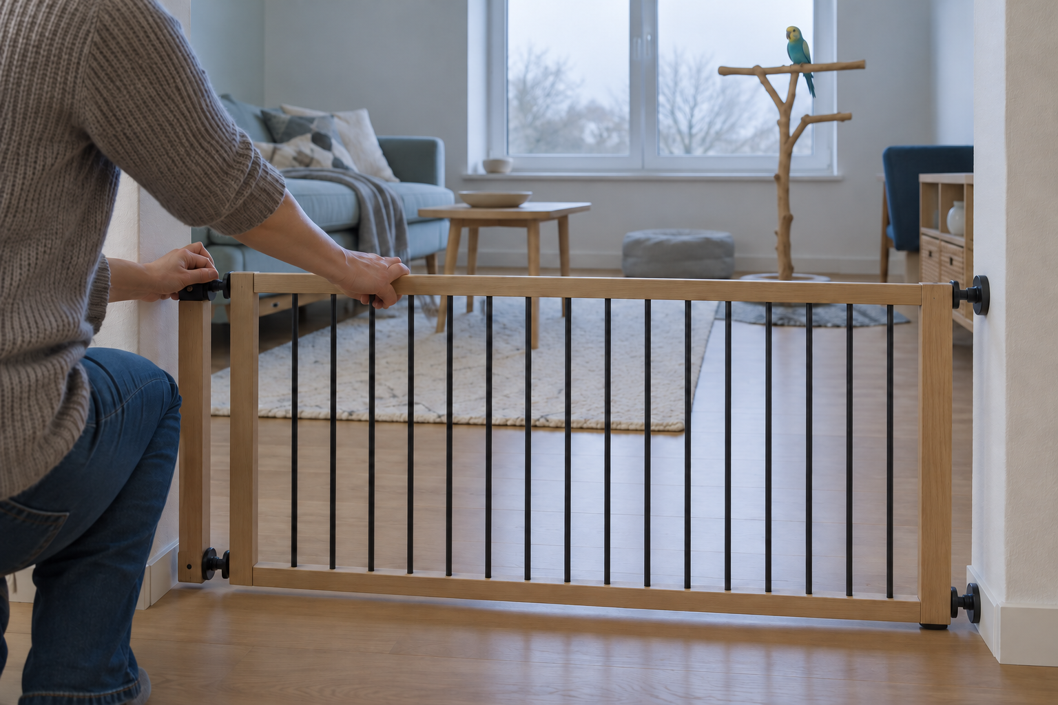 An adult places a stable barrier between a calm bird and an unsafe household area.